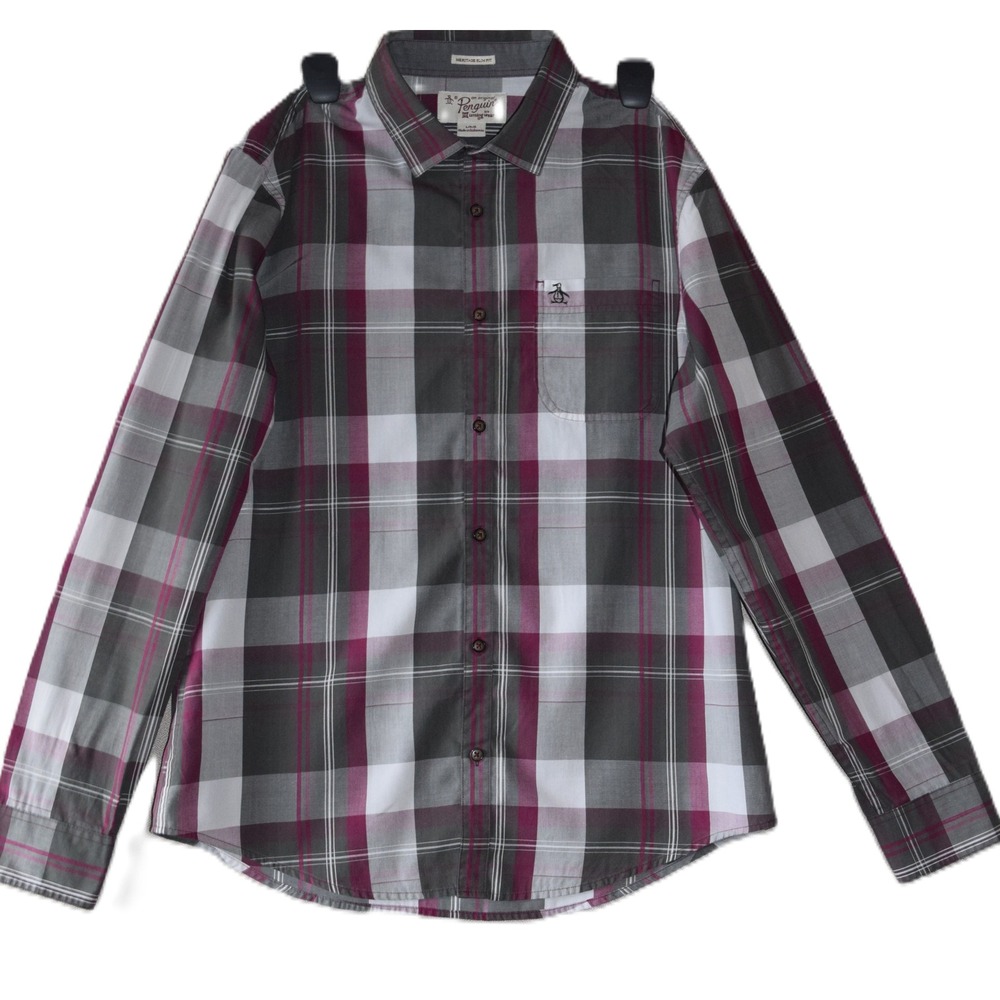 Original Penguin Button Down Shirt Mens L Grey Burgundy Plaid Excellent Slim